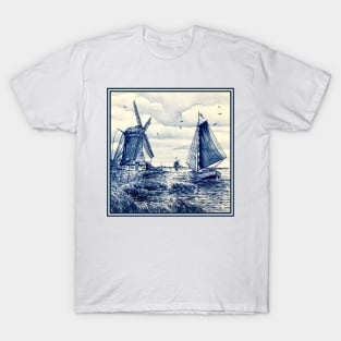 Dutch Blue Delft Windmills and Sailboat T-Shirt